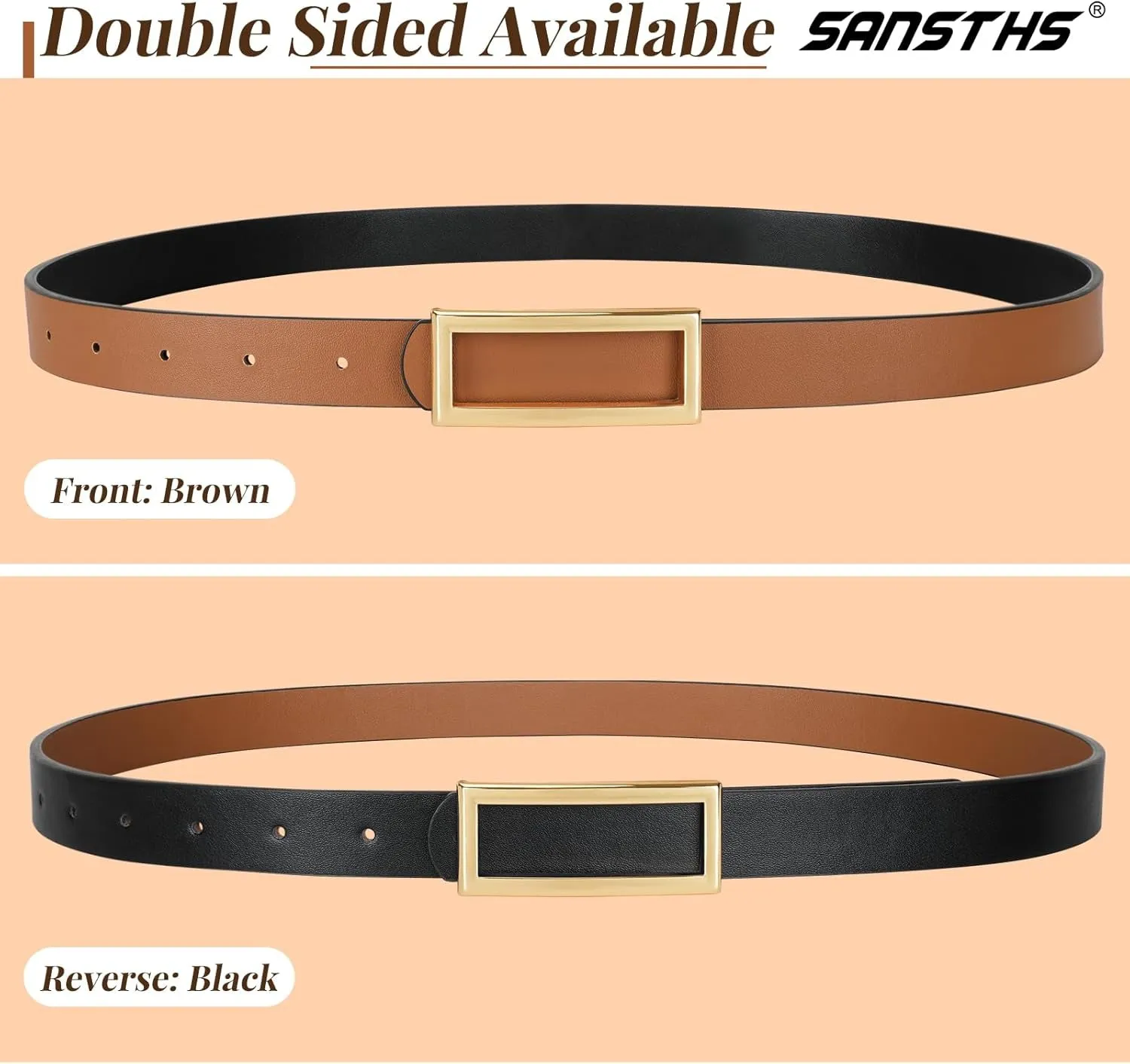 Double-sided women's thin belt for Dresses Jeans Pants with Gold Buckle