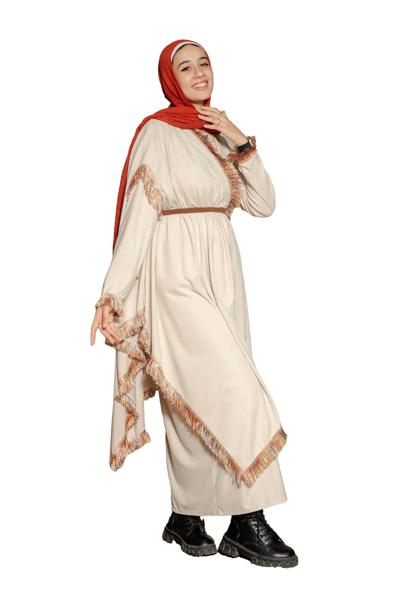 Elegant Beige Dress with Coordinated Scarf