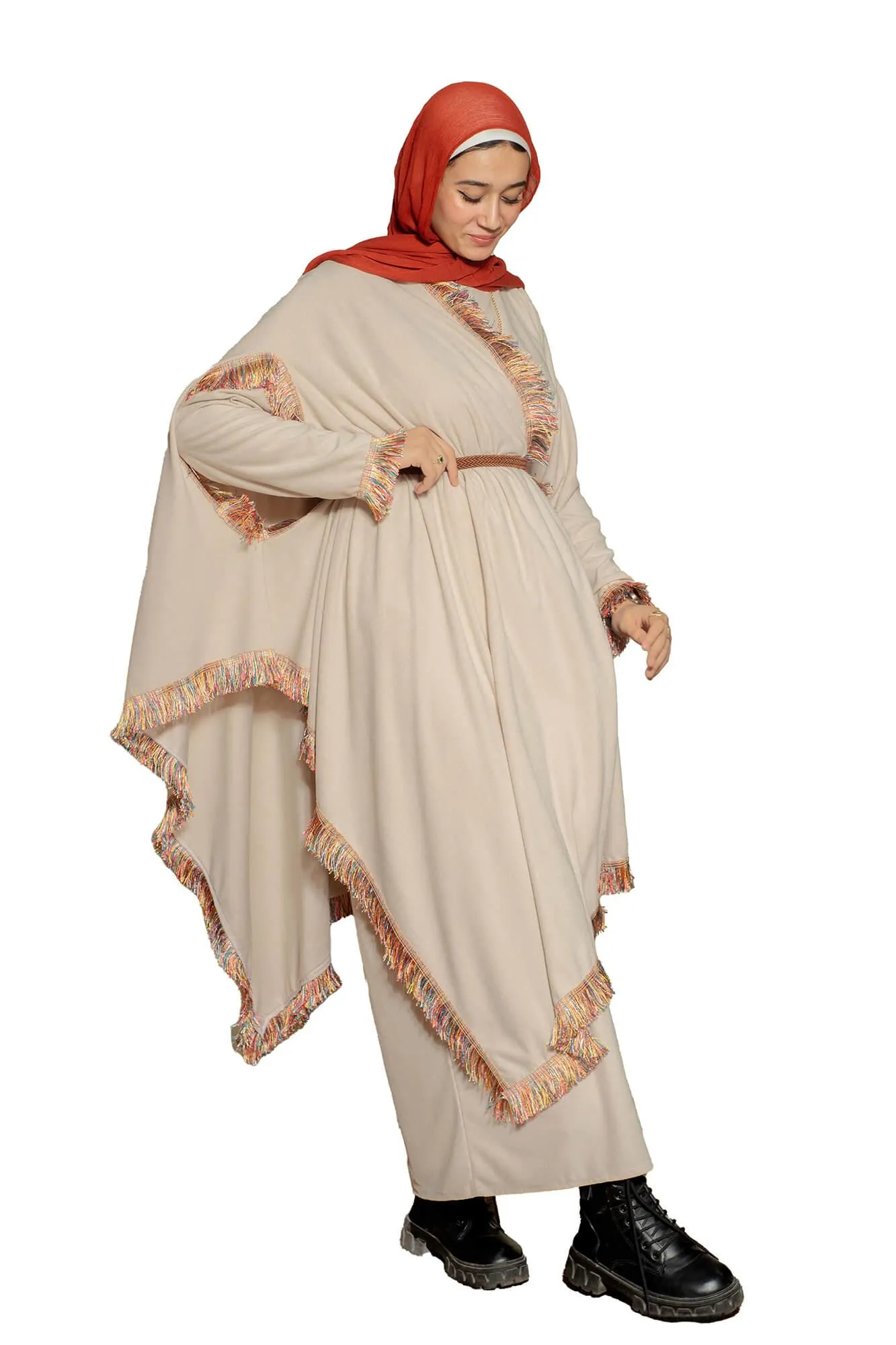 Elegant Beige Dress with Coordinated Scarf
