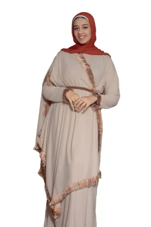 Elegant Beige Dress with Coordinated Scarf