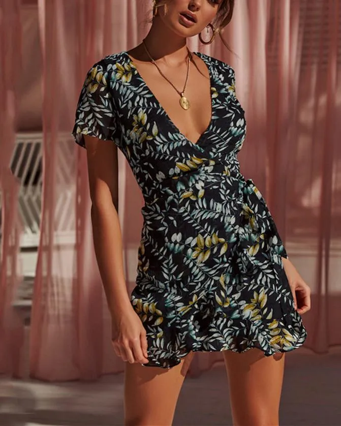 Elegant Floral Print Deep V Neck Dress - Black