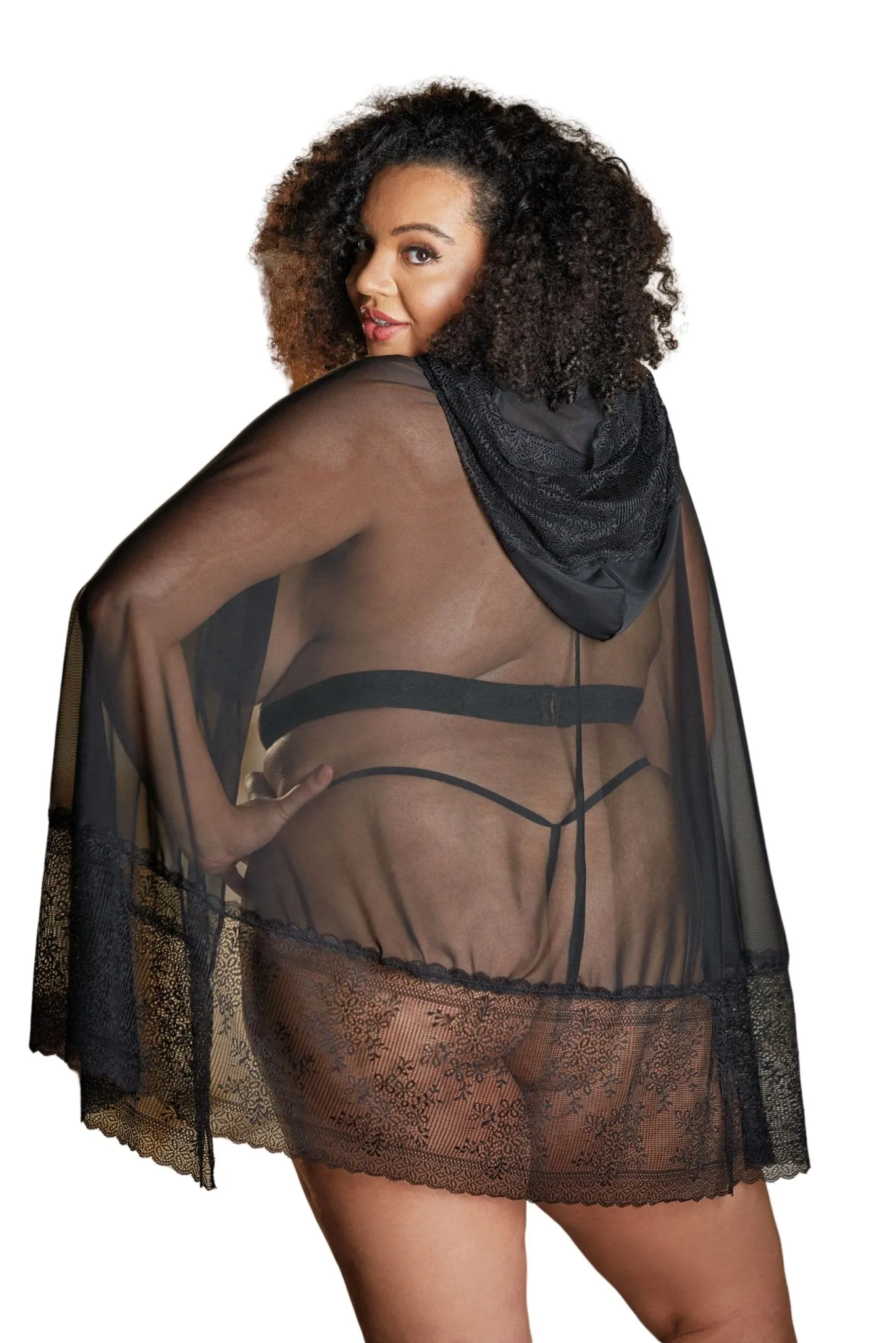 Elegant Plus Size Lace Cape with Mesh Detailing & Waist Belt