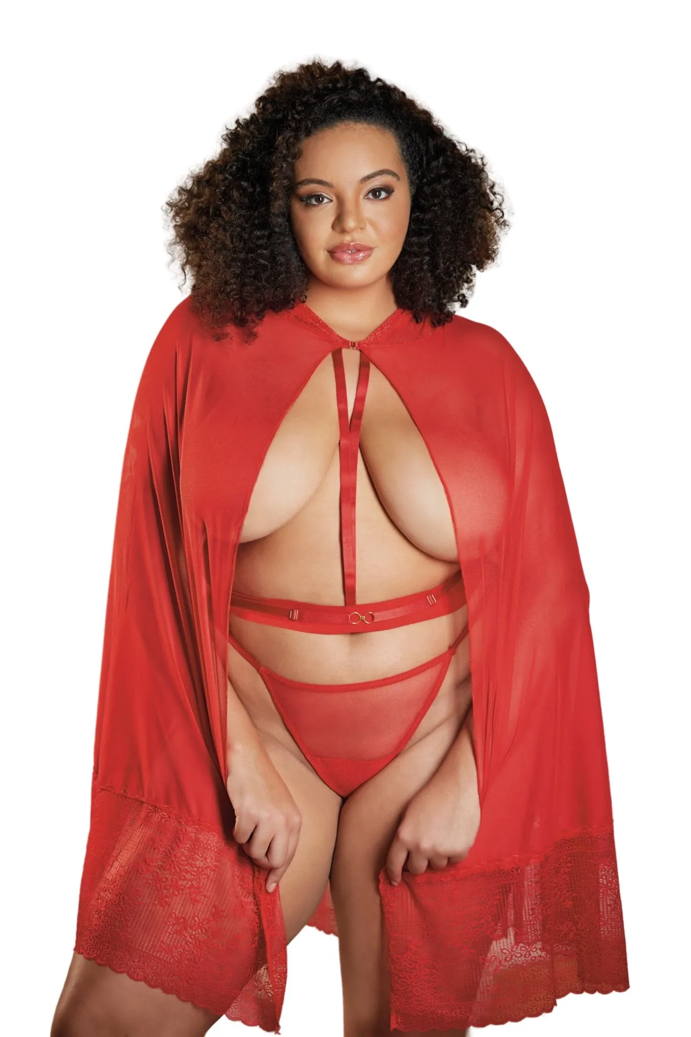 Elegant Plus Size Lace Cape with Mesh Detailing & Waist Belt
