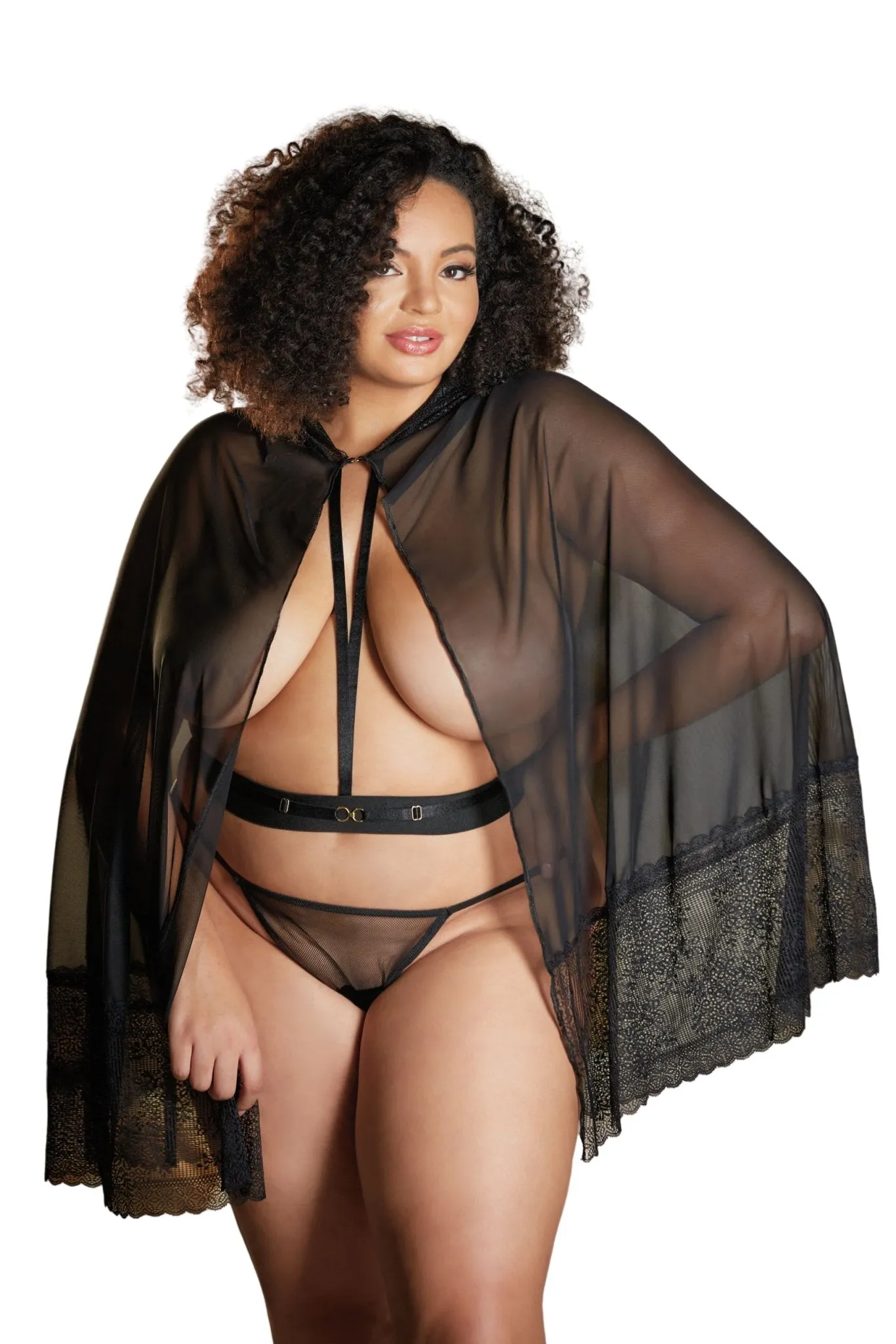 Elegant Plus Size Lace Cape with Mesh Detailing & Waist Belt
