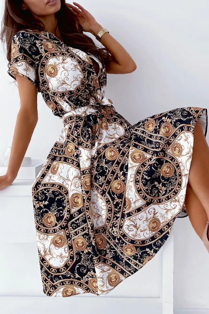 Elegant Print Buckle With Belt V Neck A Line Dresses(5 Colors)