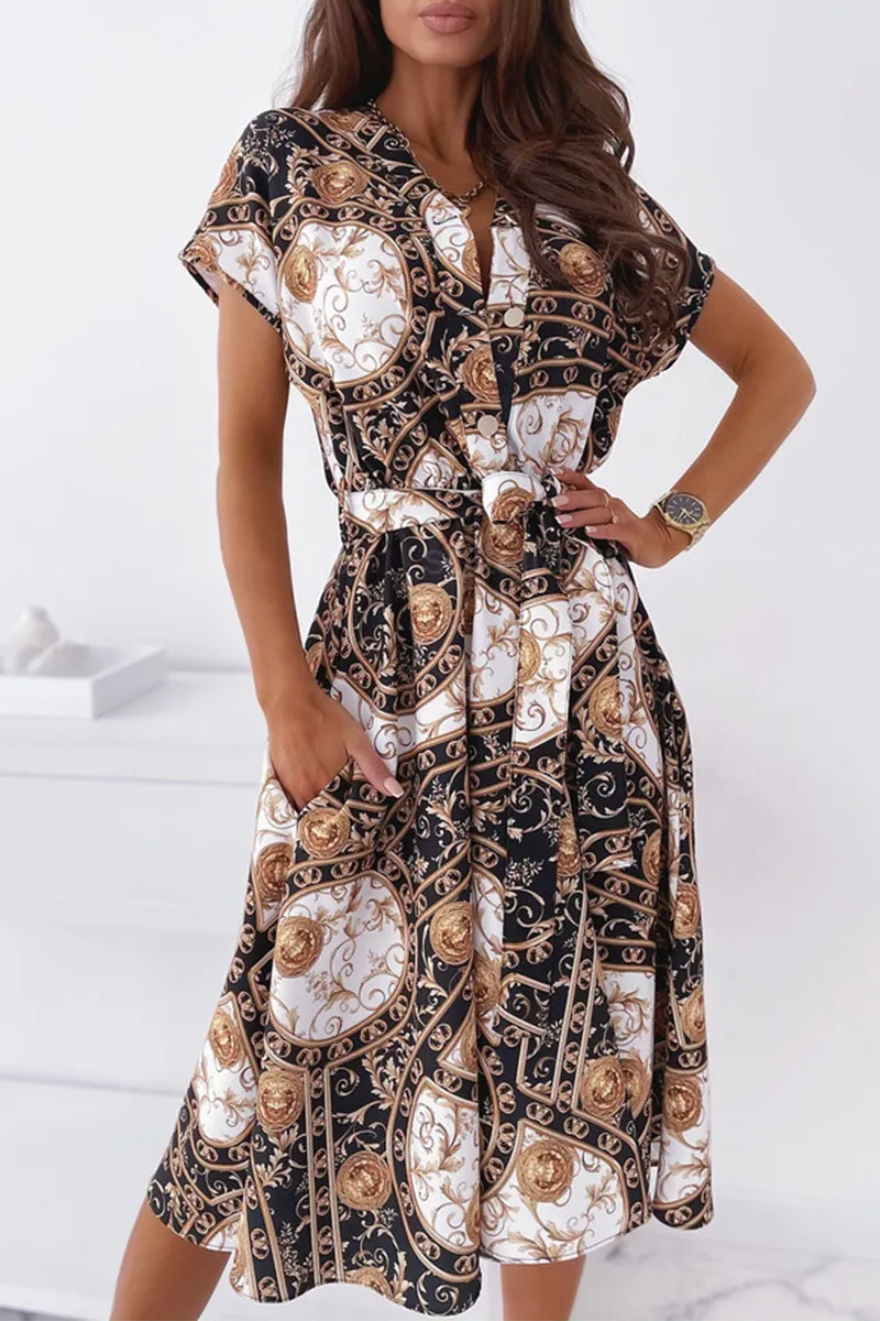 Elegant Print Buckle With Belt V Neck A Line Dresses(5 Colors)