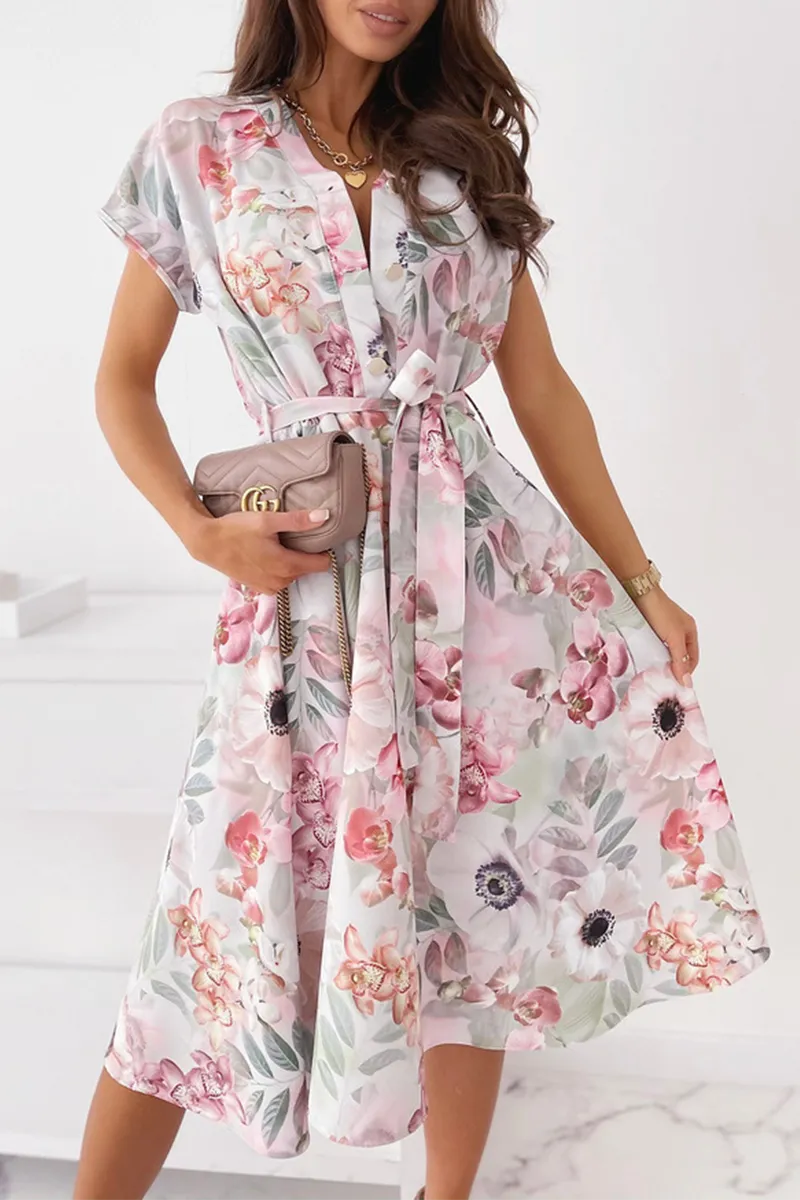 Elegant Print Buckle With Belt V Neck A Line Dresses(5 Colors)