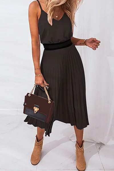 Elegant Solid Split Joint V Neck Pleated Dresses (Without Belt)（3 colors）