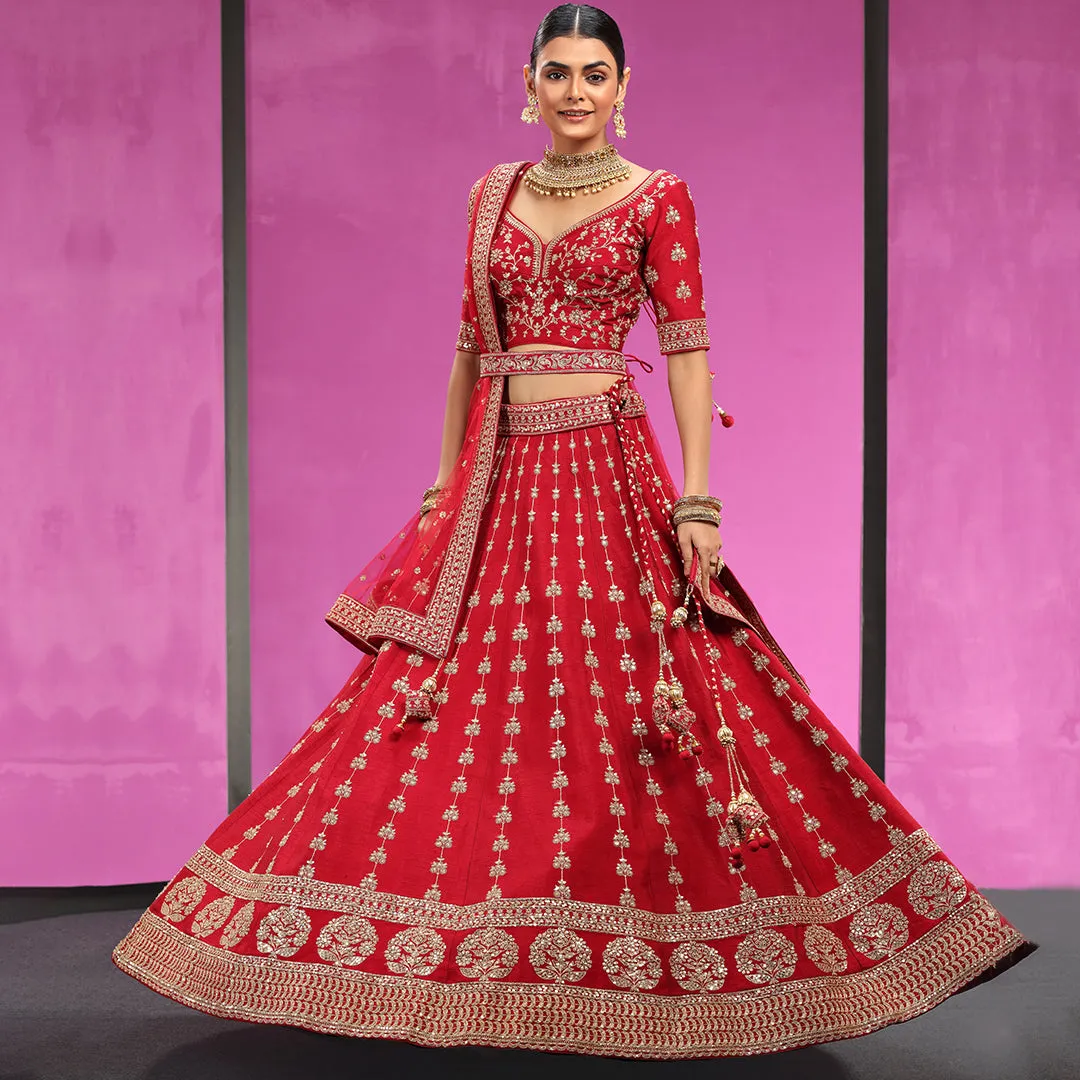 Elegant Thread Work Bright Red Lehenga Choli with Attached Belt