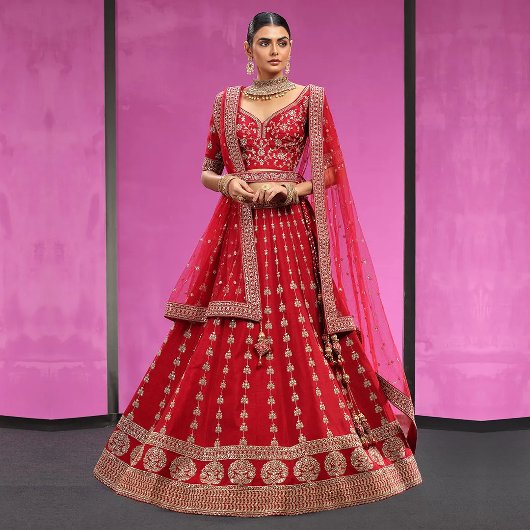 Elegant Thread Work Bright Red Lehenga Choli with Attached Belt