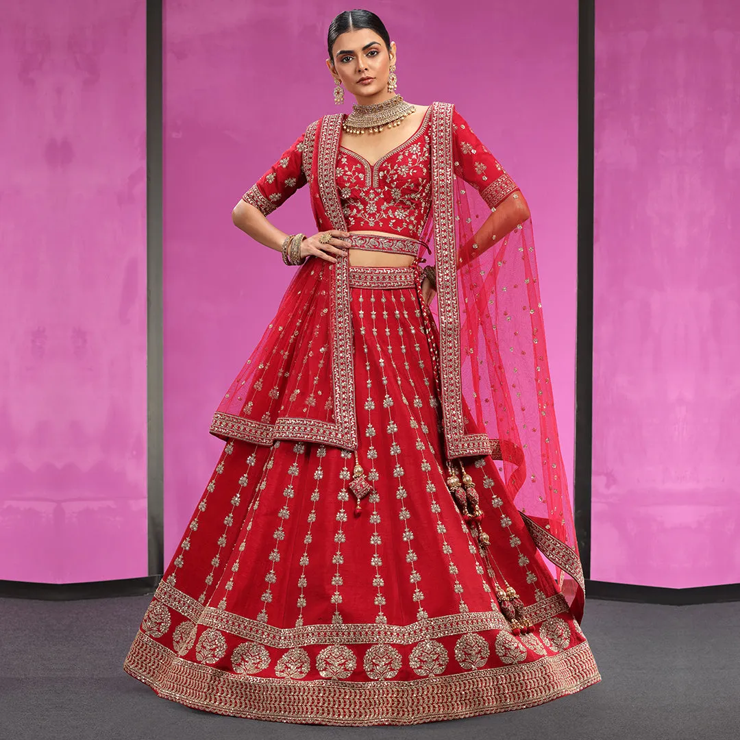Elegant Thread Work Bright Red Lehenga Choli with Attached Belt