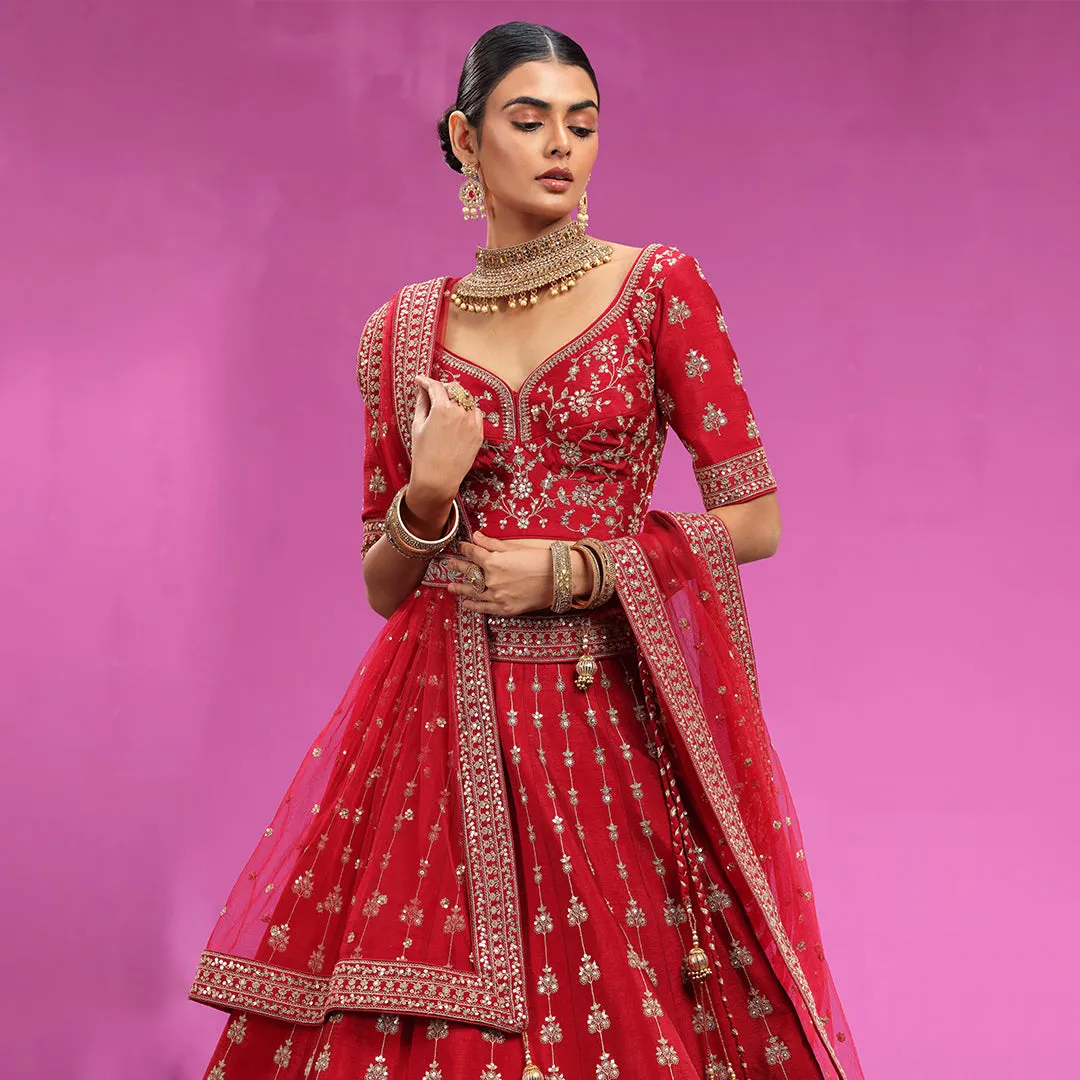 Elegant Thread Work Bright Red Lehenga Choli with Attached Belt