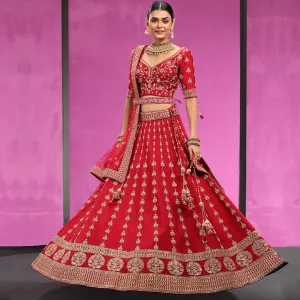 Elegant Thread Work Bright Red Lehenga Choli with Attached Belt