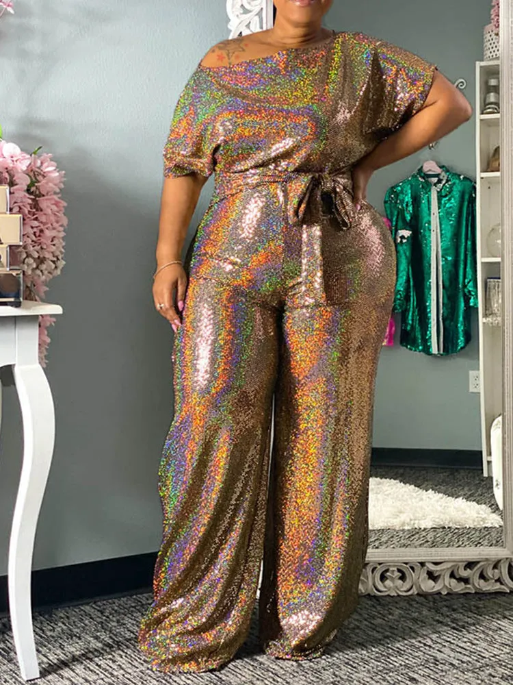 Elegant Wide Leg Sequin Jumpsuit