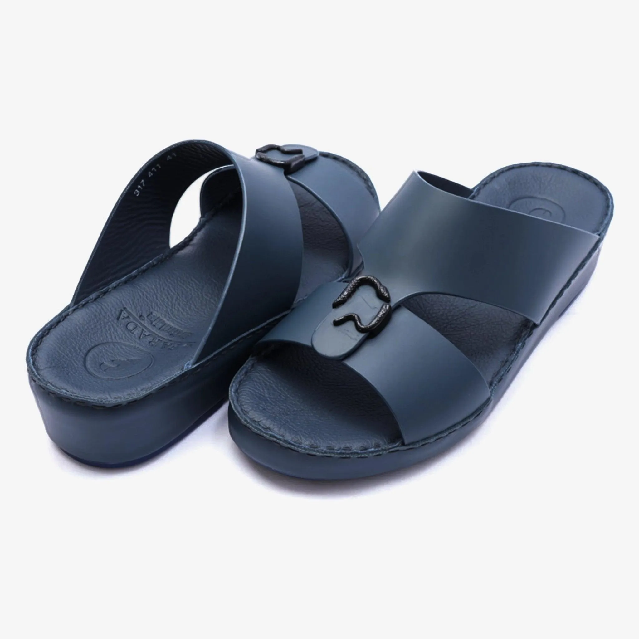 FARADA DA VINCI BRASS ICONIC DOUBLE F TRIM ARABIC SANDALS NAVY
