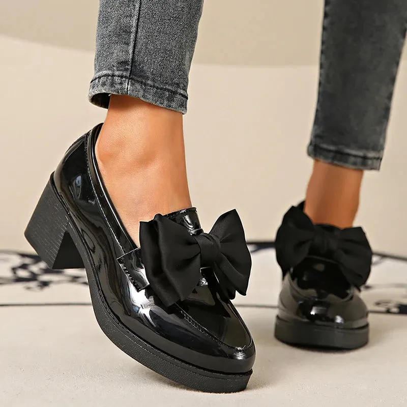 Fashion Bowknot Chunky Heels Pumps Women Patent Leather Platform Loafers Woman Elegant Slip On High Heels Dress Shoes Plus Size