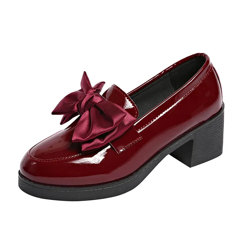 Fashion Bowknot Chunky Heels Pumps Women Patent Leather Platform Loafers Woman Elegant Slip On High Heels Dress Shoes Plus Size
