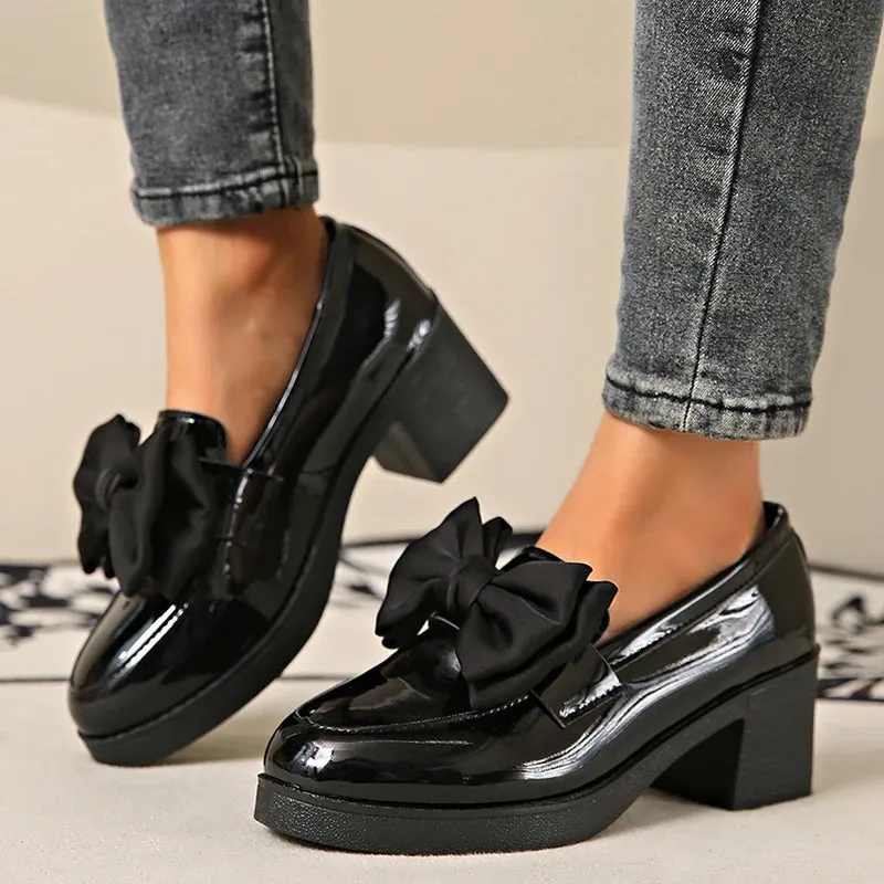 Fashion Bowknot Chunky Heels Pumps Women Patent Leather Platform Loafers Woman Elegant Slip On High Heels Dress Shoes Plus Size