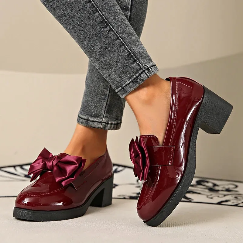 Fashion Bowknot Chunky Heels Pumps Women Patent Leather Platform Loafers Woman Elegant Slip On High Heels Dress Shoes Plus Size