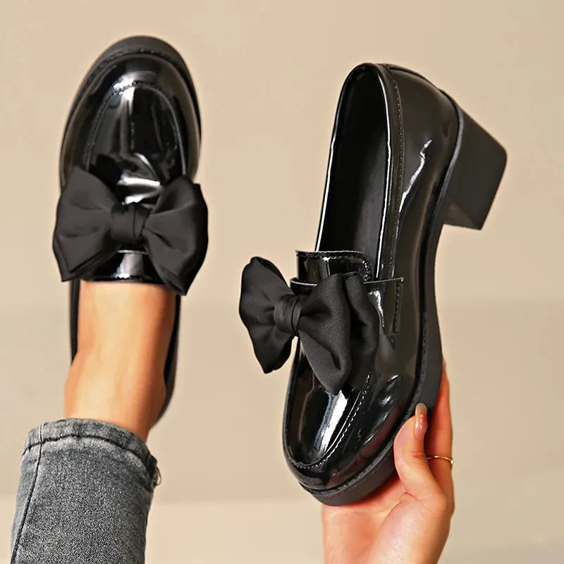 Fashion Bowknot Chunky Heels Pumps Women Patent Leather Platform Loafers Woman Elegant Slip On High Heels Dress Shoes Plus Size
