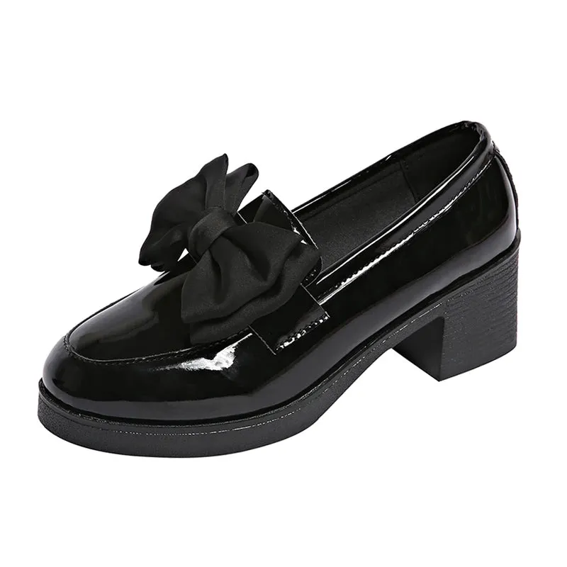 Fashion Bowknot Chunky Heels Pumps Women Patent Leather Platform Loafers Woman Elegant Slip On High Heels Dress Shoes Plus Size