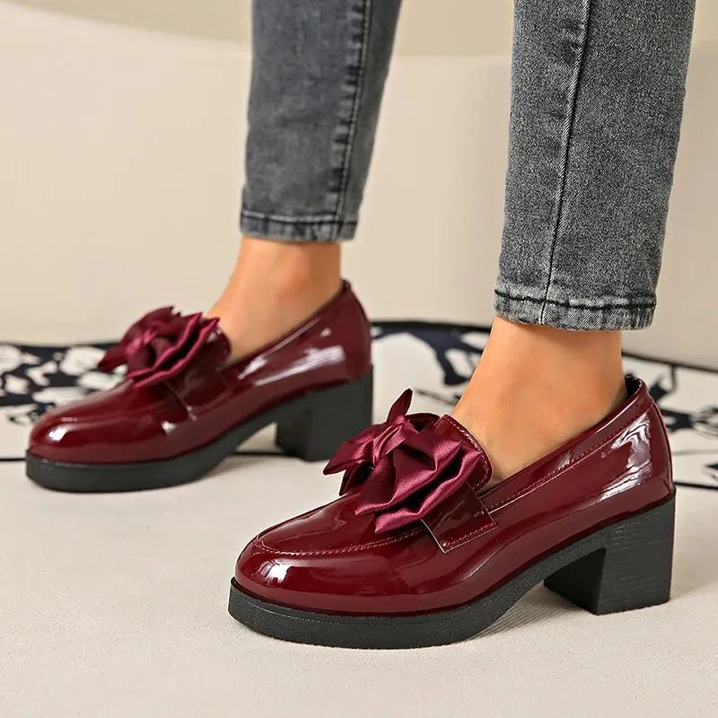 Fashion Bowknot Chunky Heels Pumps Women Patent Leather Platform Loafers Woman Elegant Slip On High Heels Dress Shoes Plus Size
