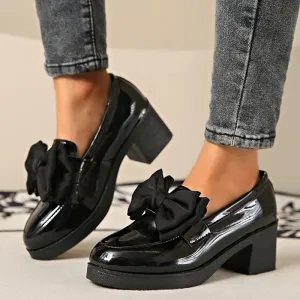 Fashion Bowknot Chunky Heels Pumps Women Patent Leather Platform Loafers Woman Elegant Slip On High Heels Dress Shoes Plus Size