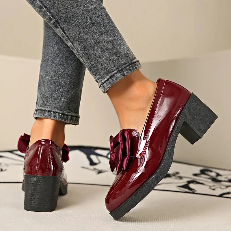 Fashion Bowknot Chunky Heels Pumps Women Patent Leather Platform Loafers Woman Elegant Slip On High Heels Dress Shoes Plus Size