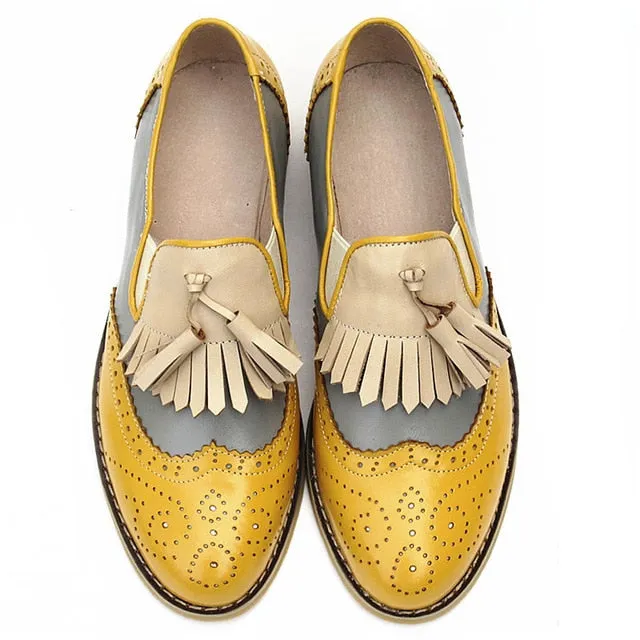flats genuine Leather oxford flat Shoes brogues vintage retro  tassel pink