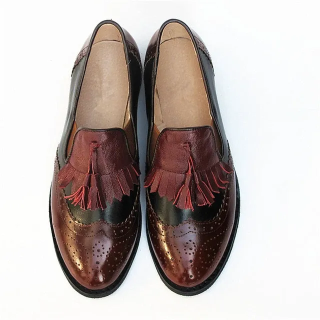 flats genuine Leather oxford flat Shoes brogues vintage retro  tassel pink