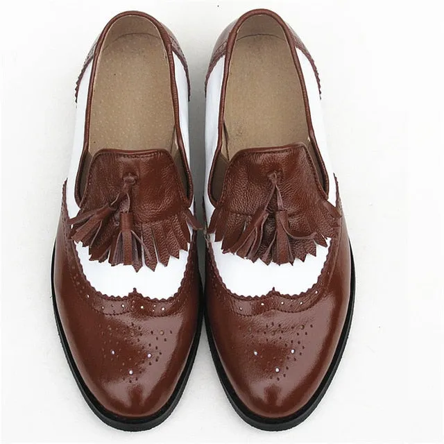 flats genuine Leather oxford flat Shoes brogues vintage retro  tassel pink