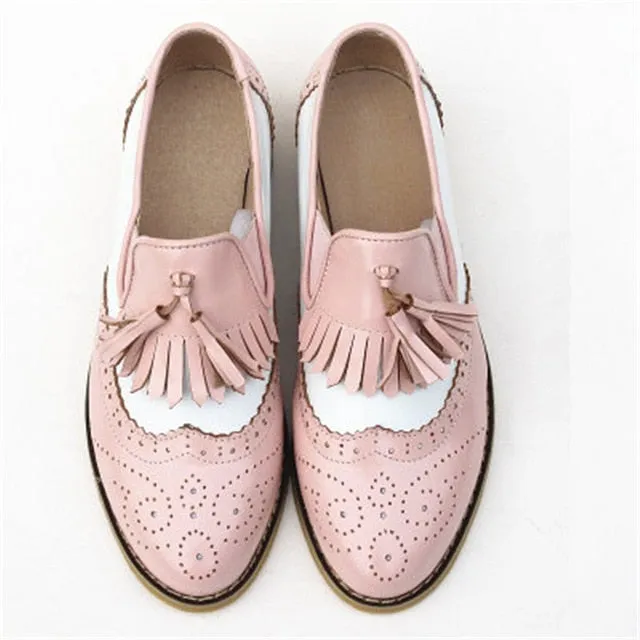 flats genuine Leather oxford flat Shoes brogues vintage retro  tassel pink