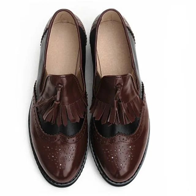 flats genuine Leather oxford flat Shoes brogues vintage retro  tassel pink