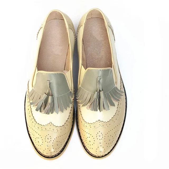 flats genuine Leather oxford flat Shoes brogues vintage retro  tassel pink