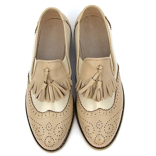 flats genuine Leather oxford flat Shoes brogues vintage retro  tassel pink