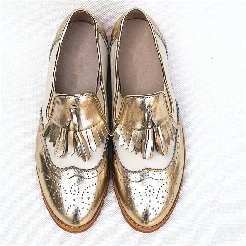 flats genuine Leather oxford flat Shoes brogues vintage retro  tassel pink