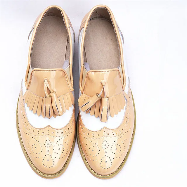 flats genuine Leather oxford flat Shoes brogues vintage retro  tassel pink