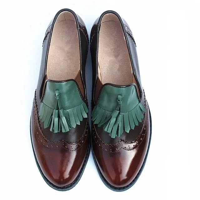flats genuine Leather oxford flat Shoes brogues vintage retro  tassel pink