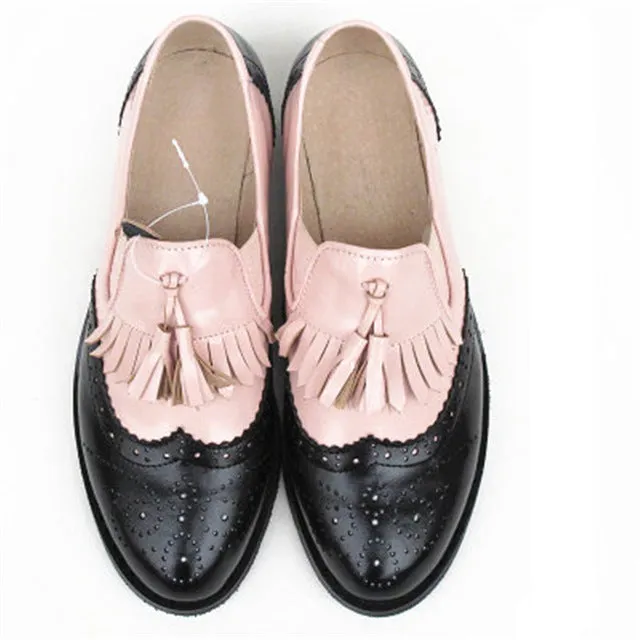 flats genuine Leather oxford flat Shoes brogues vintage retro  tassel pink