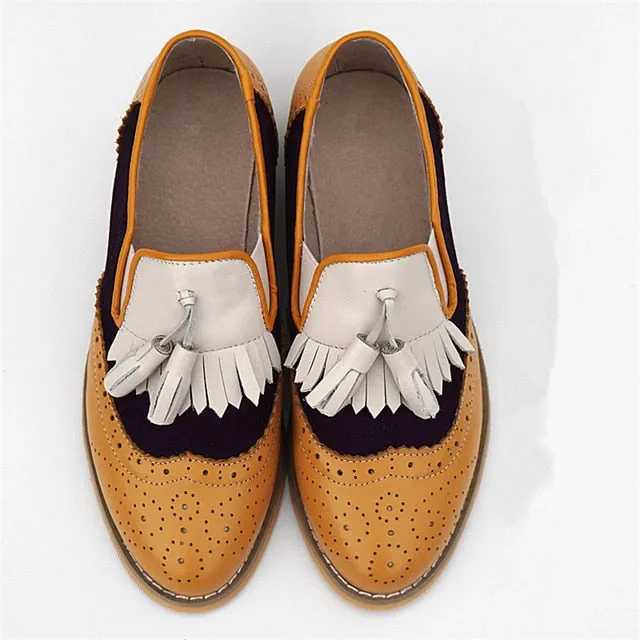flats genuine Leather oxford flat Shoes brogues vintage retro  tassel pink
