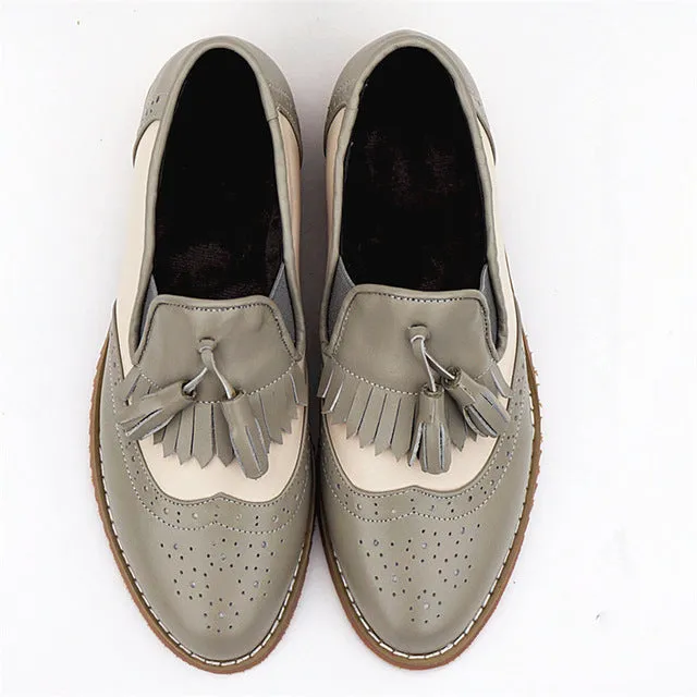 flats genuine Leather oxford flat Shoes brogues vintage retro  tassel pink
