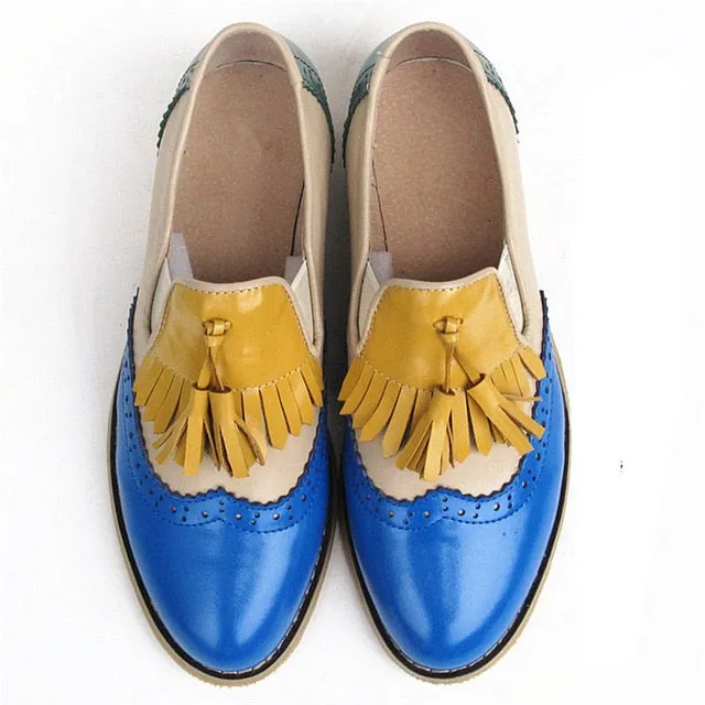 flats genuine Leather oxford flat Shoes brogues vintage retro  tassel pink