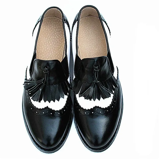 flats genuine Leather oxford flat Shoes brogues vintage retro  tassel pink