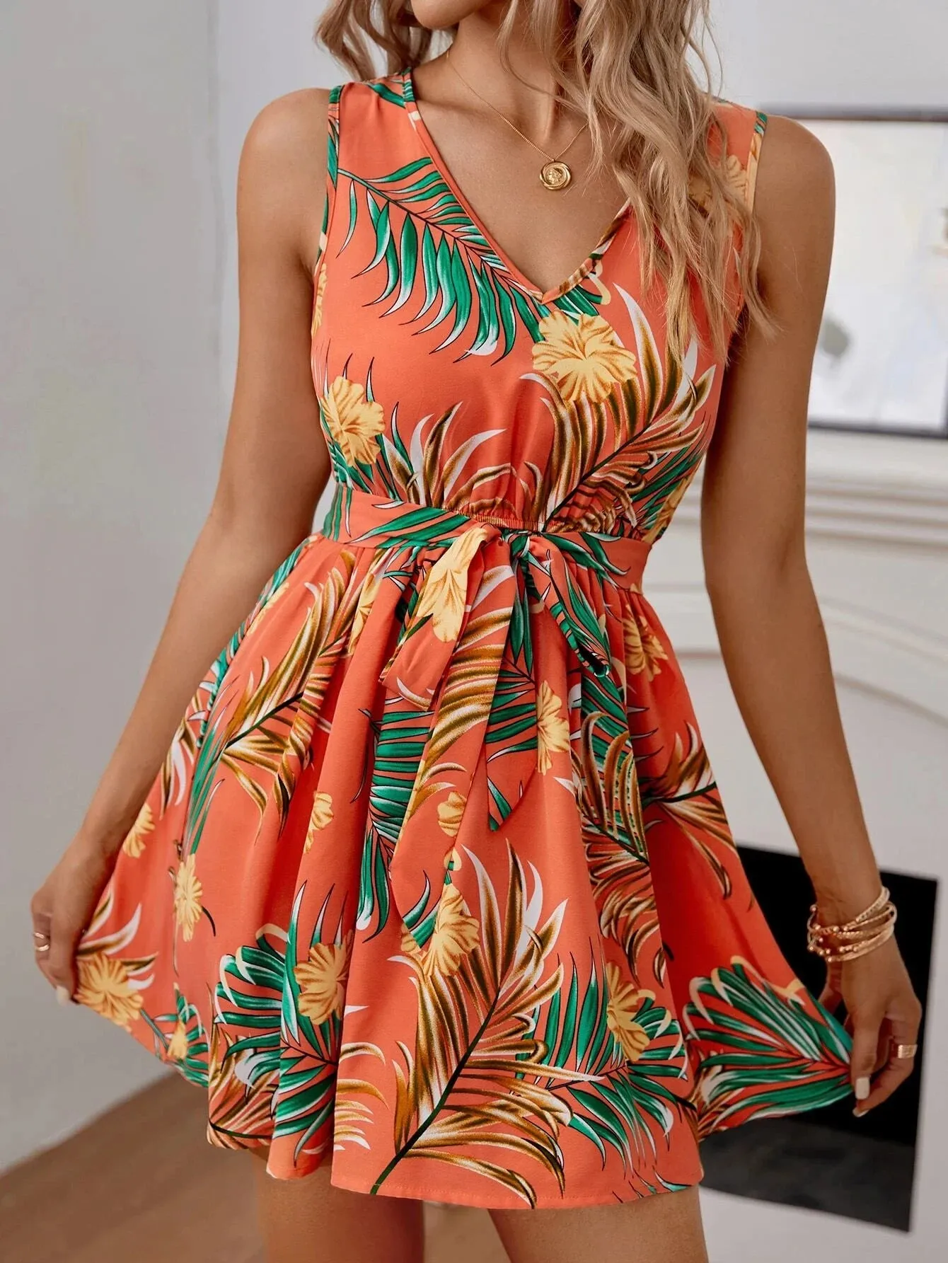 Floral Elegant Orange Belt Dress