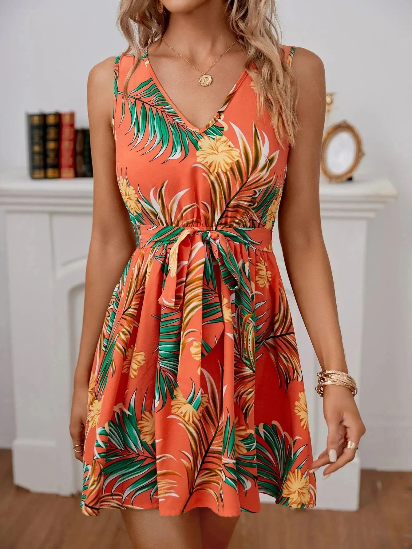 Floral Elegant Orange Belt Dress