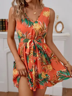 Floral Elegant Orange Belt Dress
