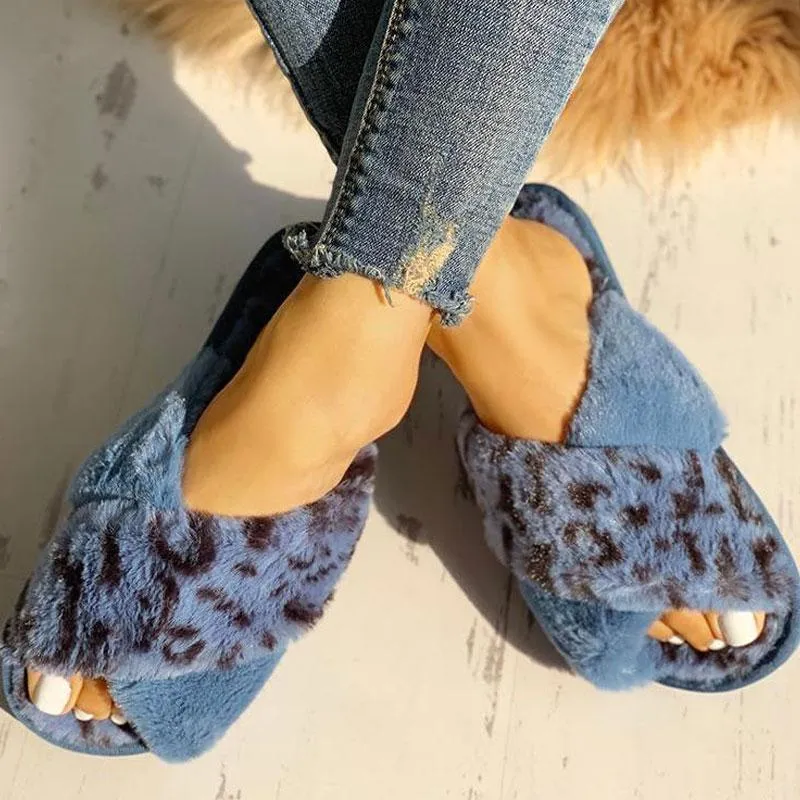 Fluffy Leopard Crisscross Peep Toe Slippers
