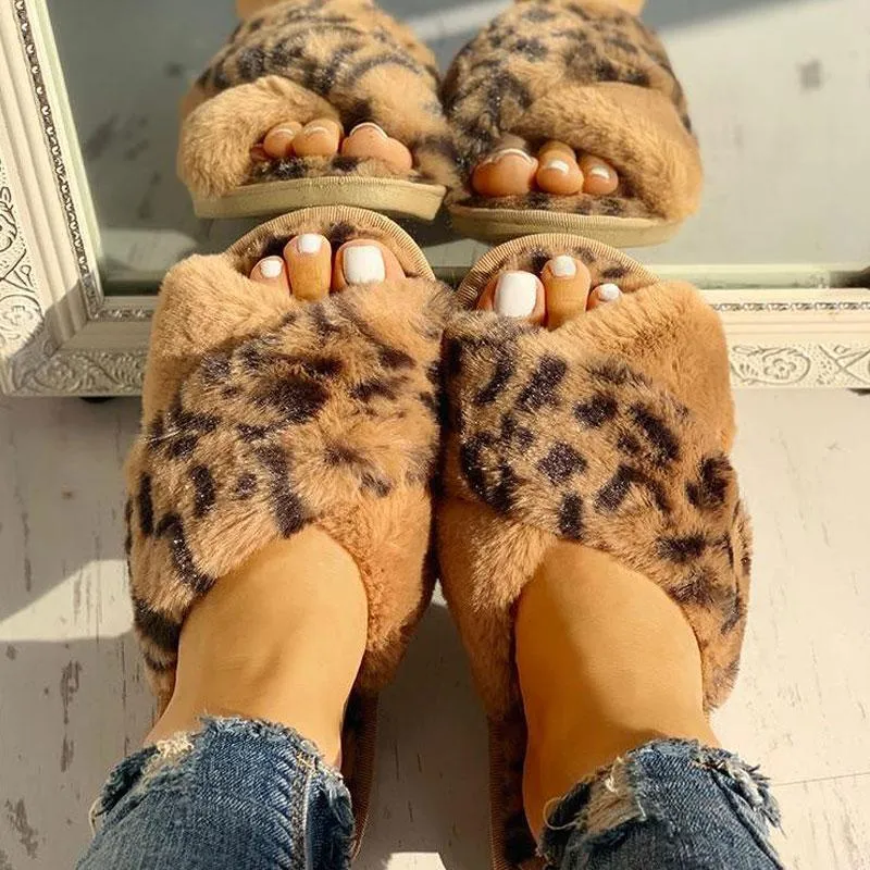 Fluffy Leopard Crisscross Peep Toe Slippers