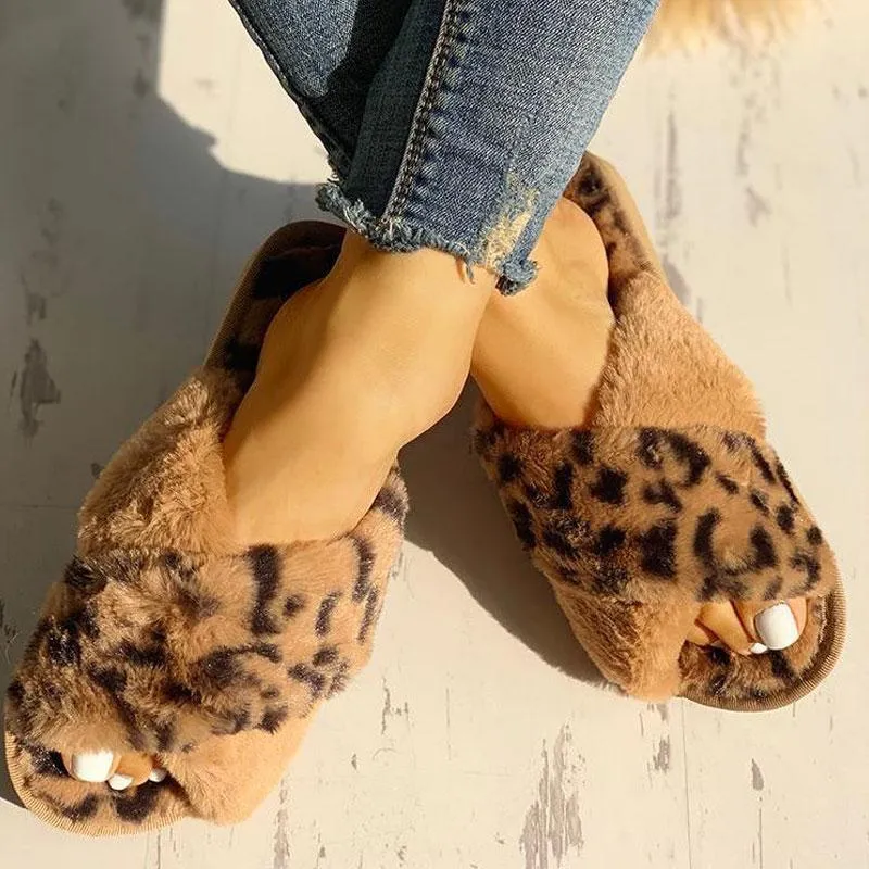 Fluffy Leopard Crisscross Peep Toe Slippers