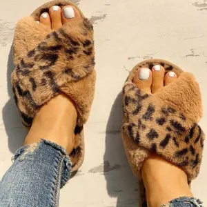 Fluffy Leopard Crisscross Peep Toe Slippers